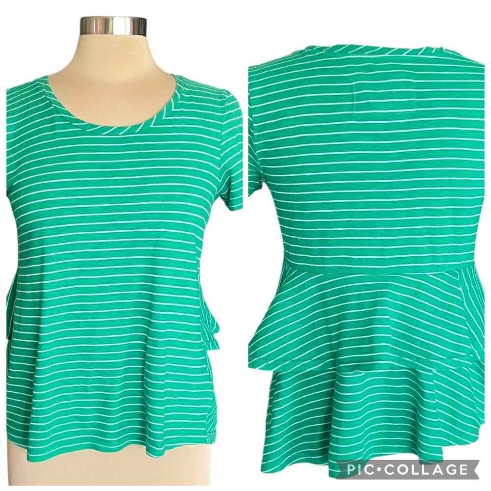 By Anthropologie Kelly Green White Stripe T-shirt Ruffled‎ Back Sz SMALL Preppy